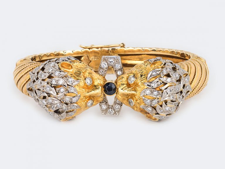 LALAOUNIS Two Color Gold Diamond/Sapphire Lion Head Bangle Bracelet - Image 3