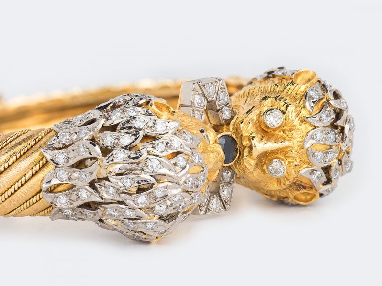 LALAOUNIS Two Color Gold Diamond/Sapphire Lion Head Bangle Bracelet - Image 4