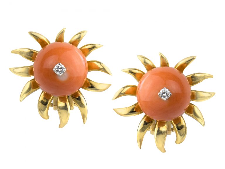 SCHLUMBERGER for Tiffany Coral Bead Diamond Flower Ear Clips