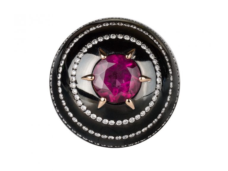 PAOLO BRUSSINO Rubelite Diamond Gold Titanium Ring
