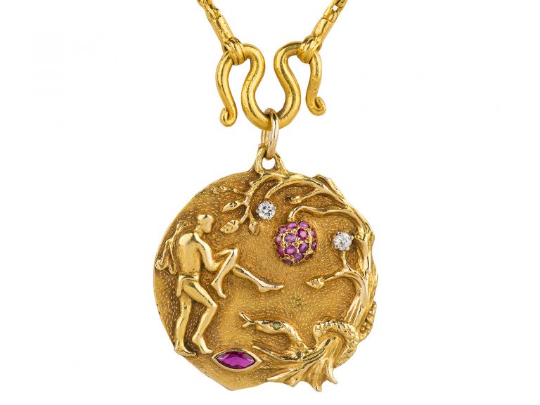 Diamond and Ruby Adam and Eve Pendant Necklace