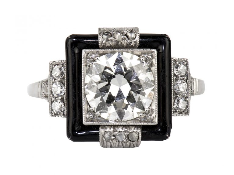 Art Deco Platinum Diamond Enamel Ring