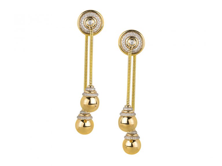 UMRAO 18k Double Ball Diamond Dangle Earrings