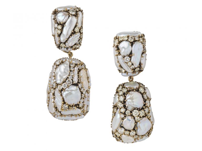 MARILYN COOPERMAN  Keshi Pearls and Diamond Dangle Earrings