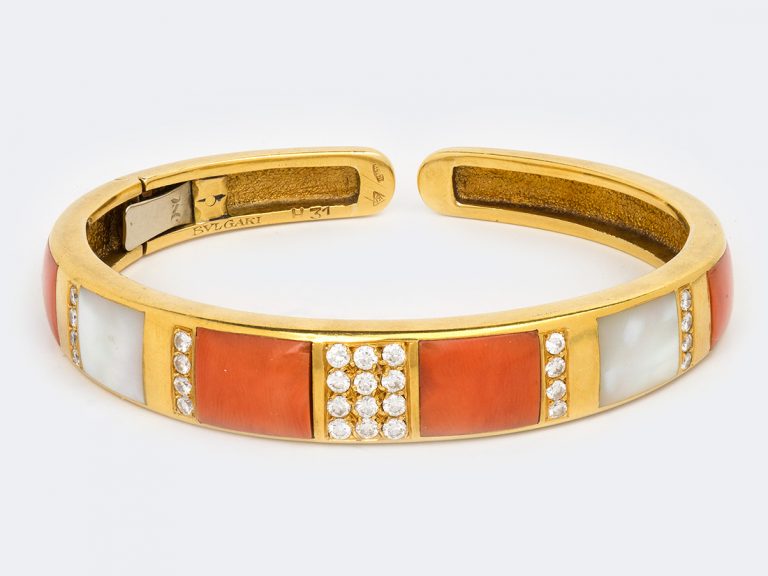 BULGARI 18k Coral Mother of Pearl & Diamond Cuff - Image 3