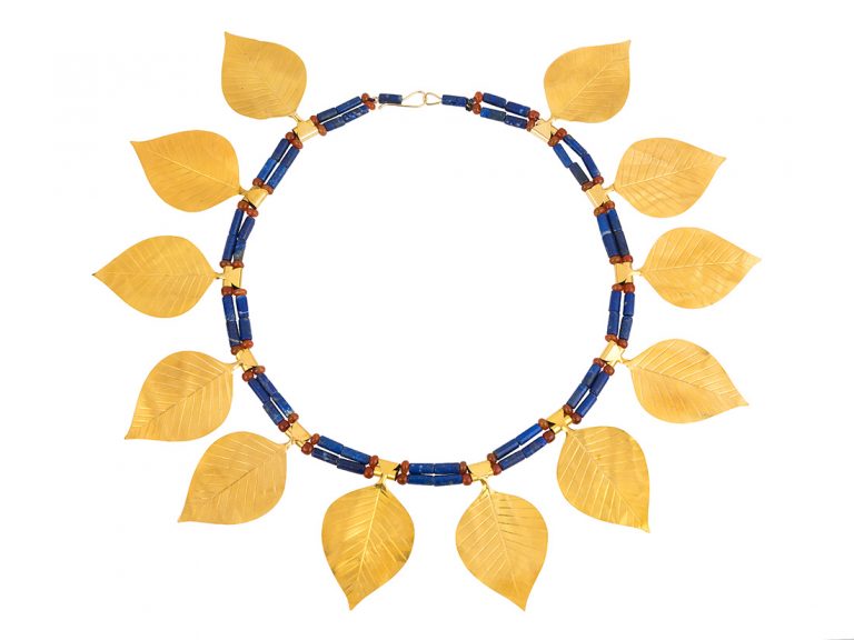 Egyptian Revival 14k Gold Leaf and Lapis Necklace