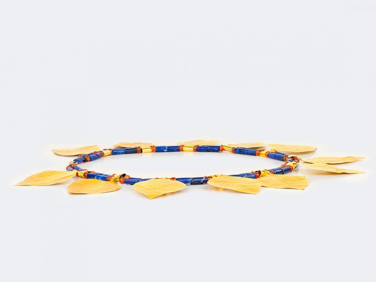 Egyptian Revival 14k Gold Leaf and Lapis Necklace - Image 3