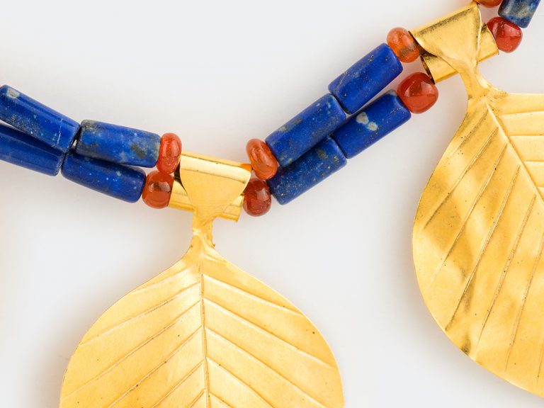 Egyptian Revival 14k Gold Leaf and Lapis Necklace - Image 6