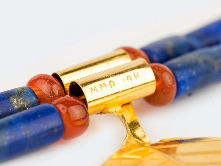 Egyptian Revival 14k Gold Leaf and Lapis Necklace - Image 5
