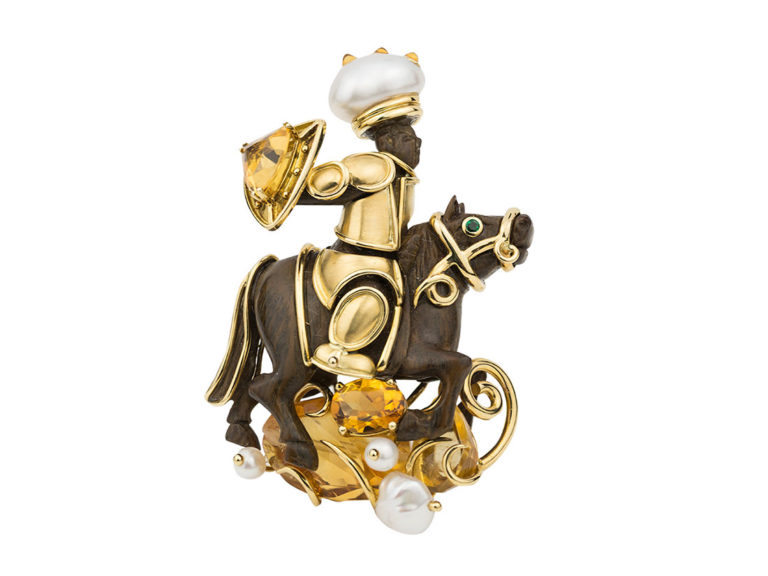 S. SHEPPS Wood Citrine Warrior Brooch