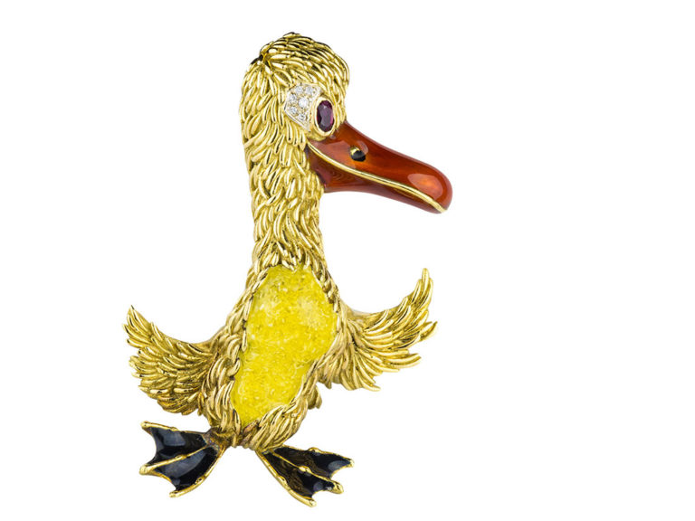 FRASCAROLO Enamel Diamond Ruby Duck Brooch