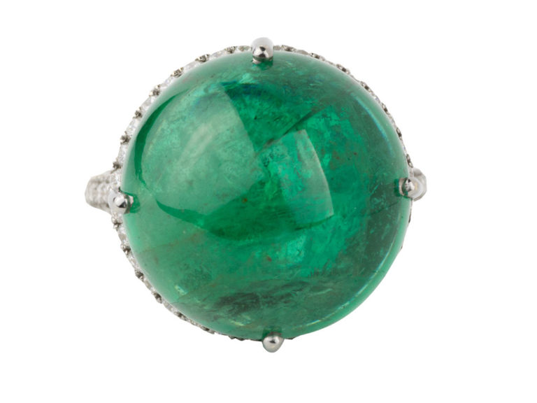Modern Emerald Diamond Cabochon Ring, E=20.94ct