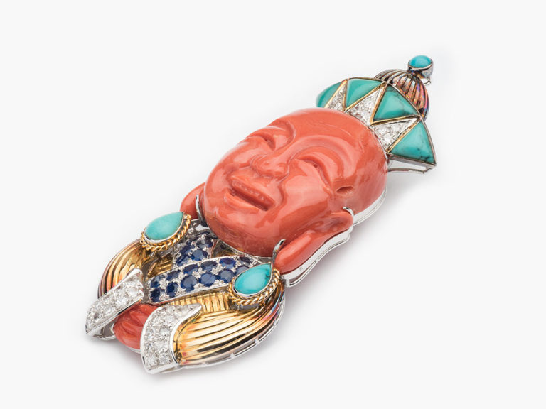 Carved Coral  Turquoise Sapphire Diamond Buddha Clip - Image 5