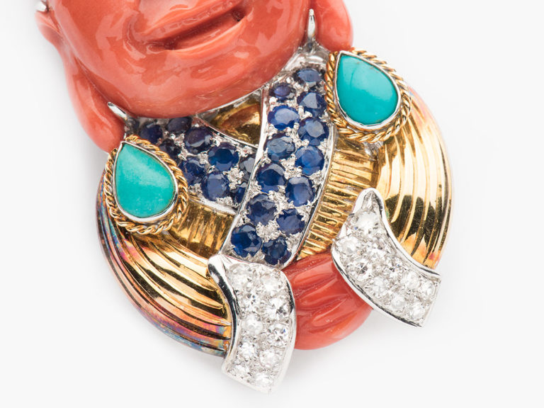 Carved Coral  Turquoise Sapphire Diamond Buddha Clip - Image 2