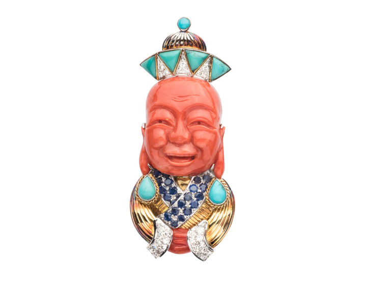 Carved Coral  Turquoise Sapphire Diamond Buddha Clip