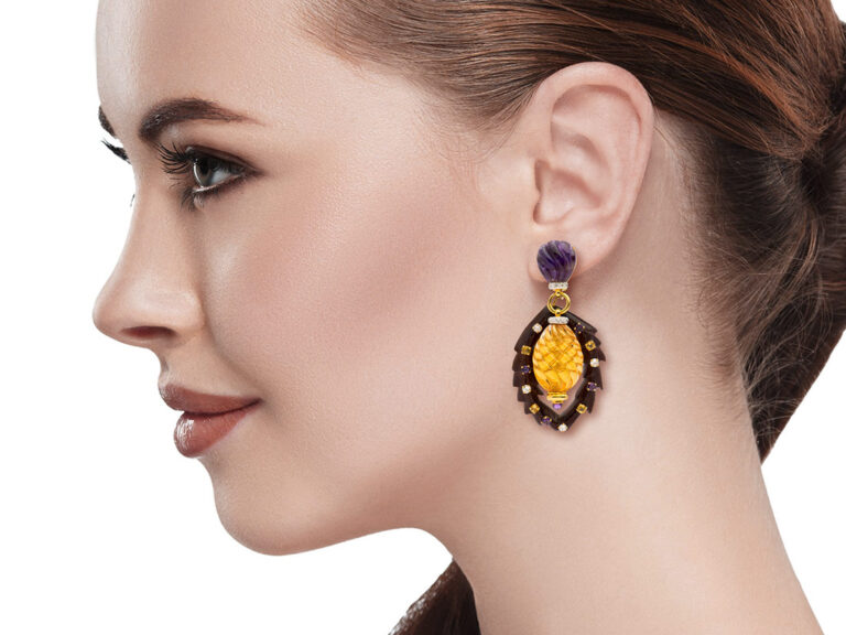 Wood Diamond Multi gem Earrings - Image 2