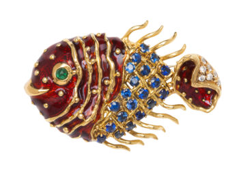 CIPULLO / CARTIER Sapphire/Dia/Emerald Enamel Fish 18k Brooch
